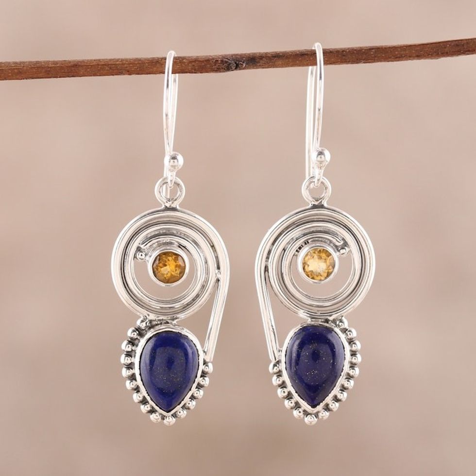 Lapis Lazuli and Citrine Dangle Earrings from India 'Wondrous Coil'