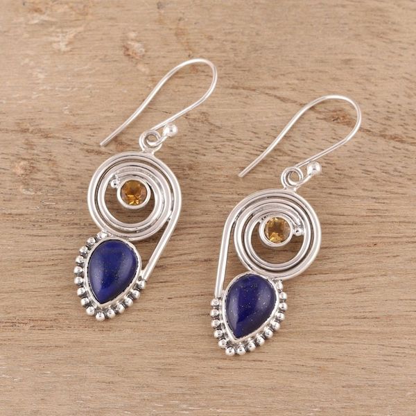 Alternate image for Lapis Lazuli and Citrine Dangle Earrings from India Wondrous Coil
