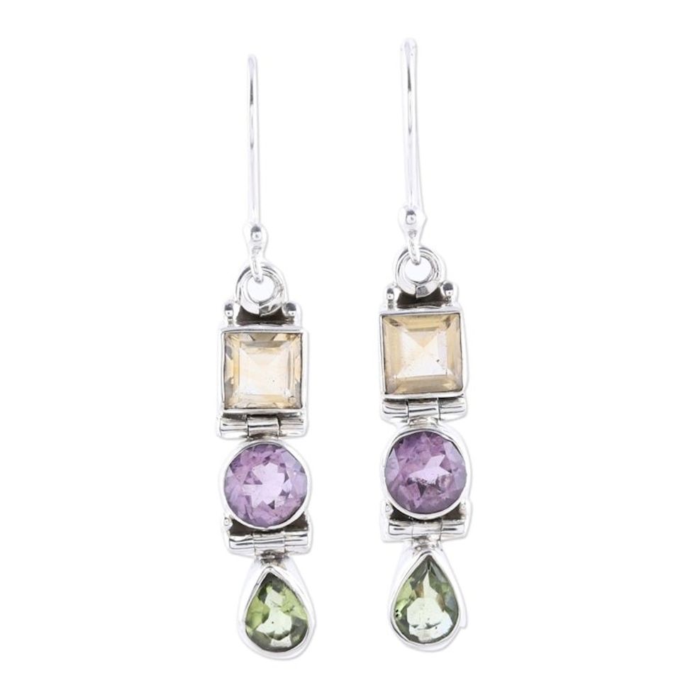 Sterling Silver and Multi-gemstone Dangle Earrings 'Graceful Trio in Yellow'