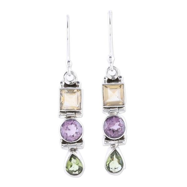 Alternate image for Sterling Silver and Multi-gemstone Dangle Earrings Graceful Trio in Yellow