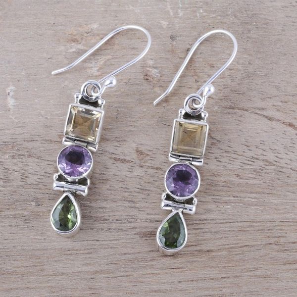 Alternate image for Sterling Silver and Multi-gemstone Dangle Earrings Graceful Trio in Yellow