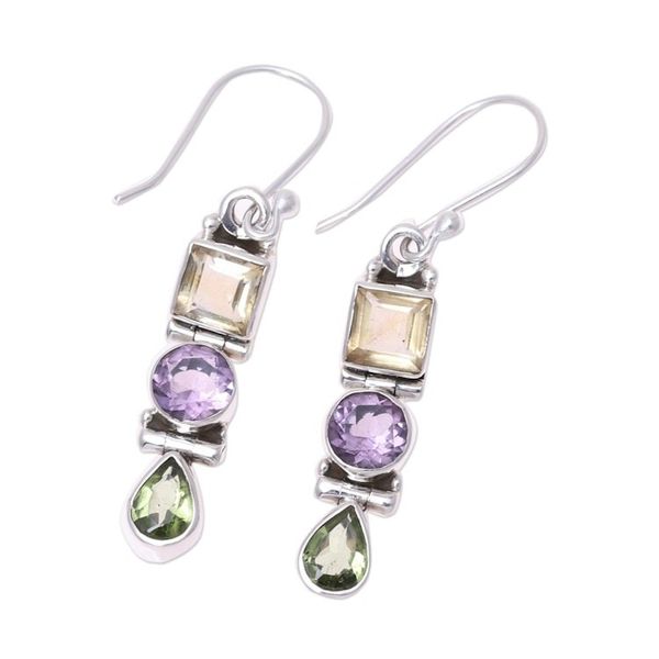 Alternate image for Sterling Silver and Multi-gemstone Dangle Earrings Graceful Trio in Yellow