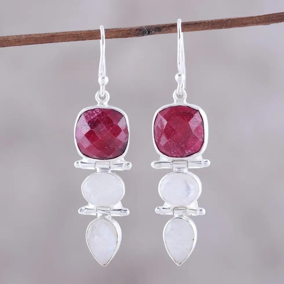 Ruby and Rainbow Moonstone Dangle Earrings from India 'Glittering Muse'