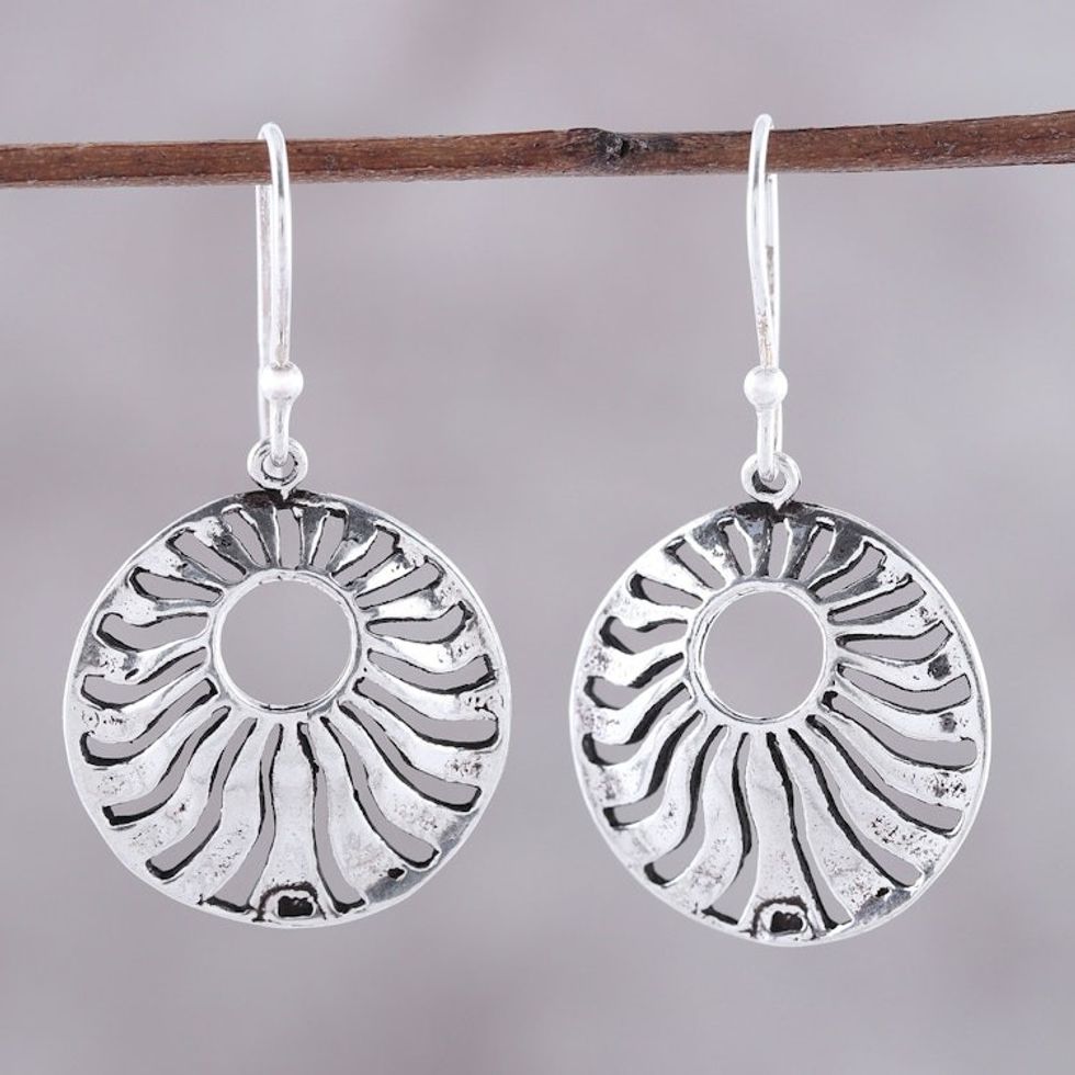 Sterling Silver Openwork Circle Dangle Earrings from India 'Abundant Rays'