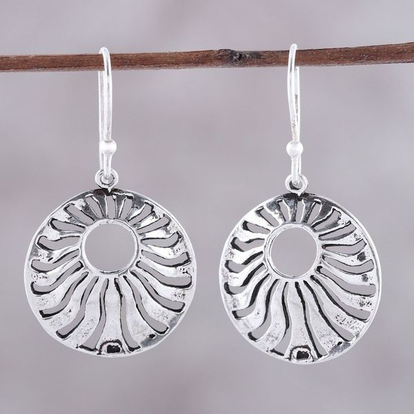 Alternate image for Sterling Silver Openwork Circle Dangle Earrings from India Abundant Rays
