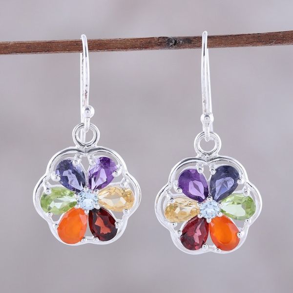 Alternate image for Multi-Gemstone Chakra Dangle Earrings from India Chakra Flowers