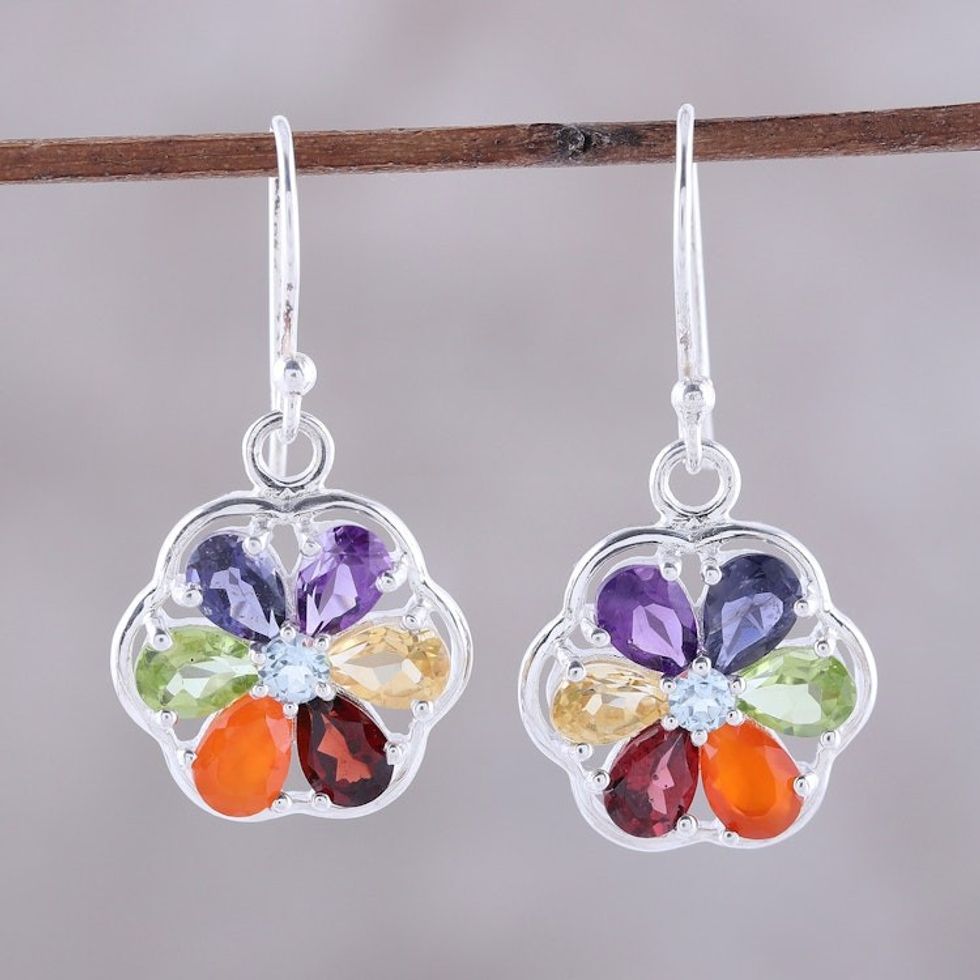 Multi-Gemstone Chakra Dangle Earrings from India 'Chakra Flowers'