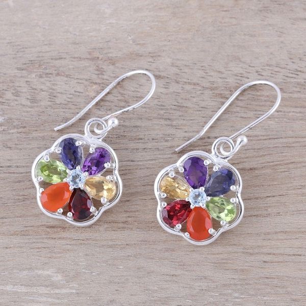 Alternate image for Multi-Gemstone Chakra Dangle Earrings from India Chakra Flowers