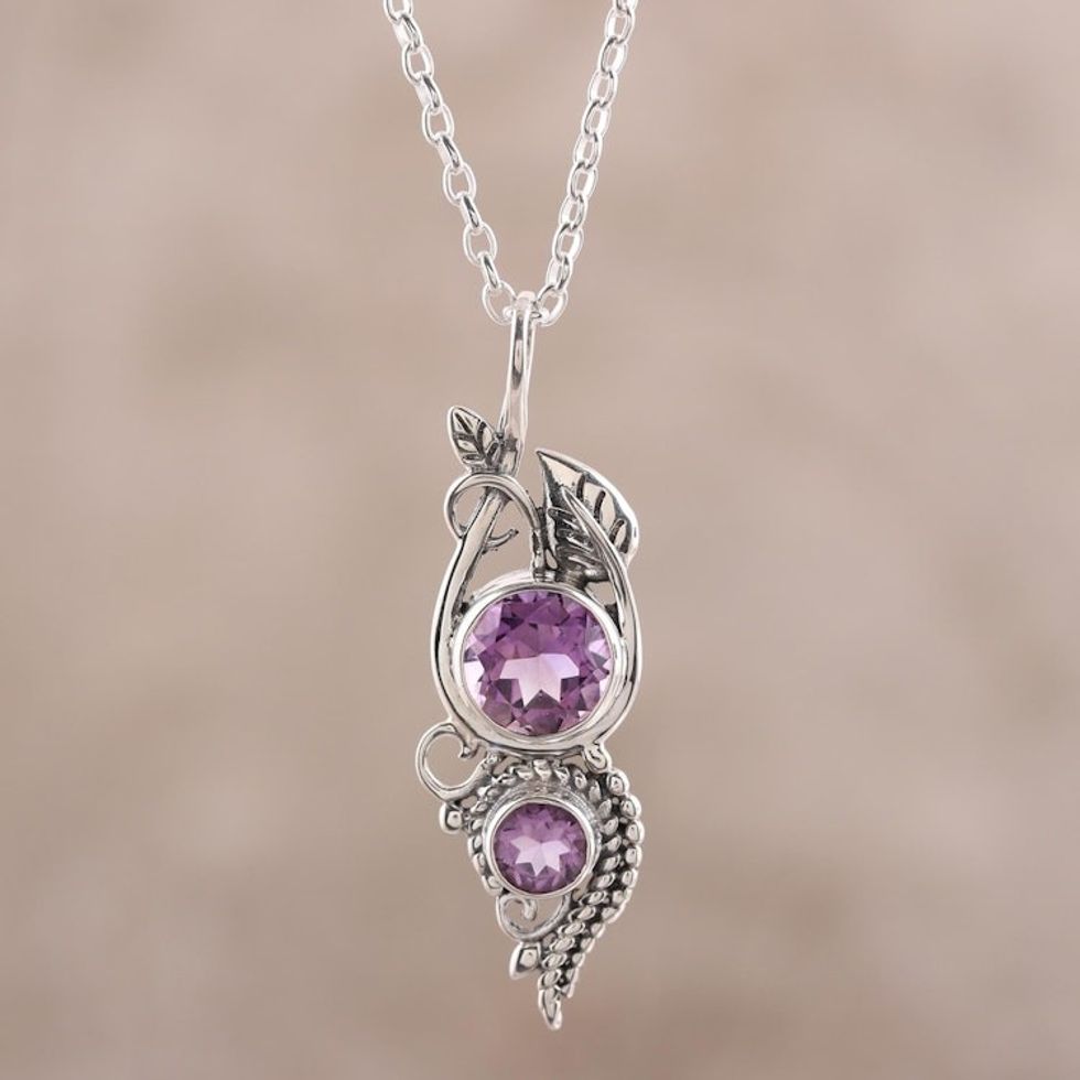 Amethyst Leaf Pendant Necklace from India 'Classic Glory'
