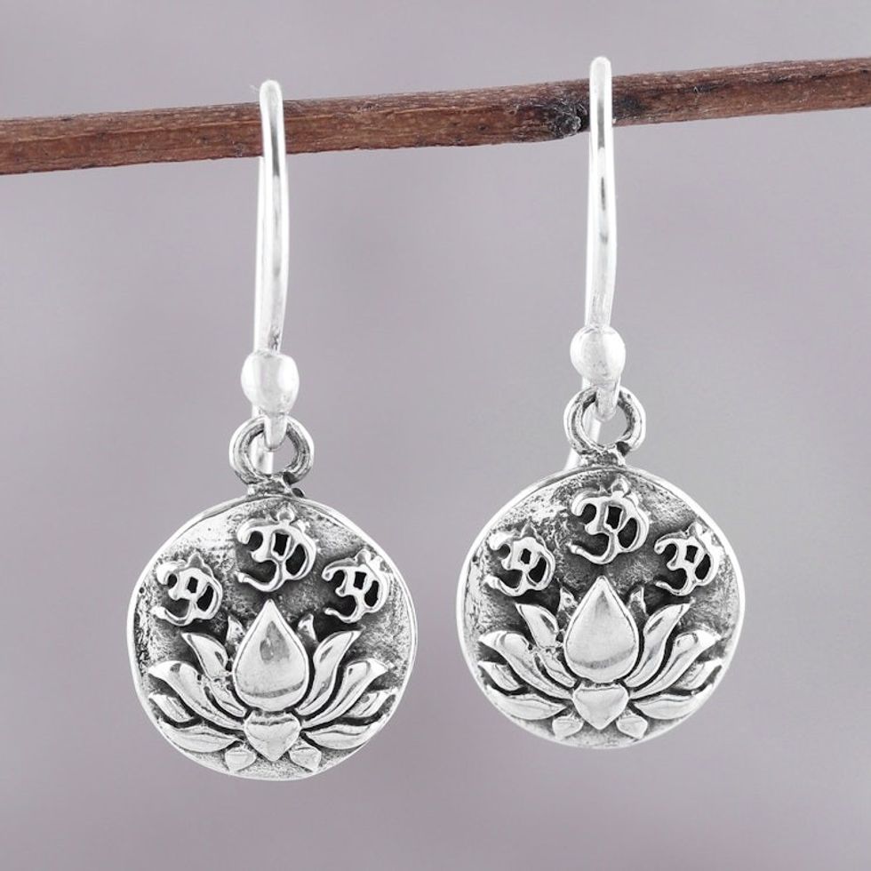 Sterling Silver Lotus Dangle Earrings from India 'Divine Lotus'