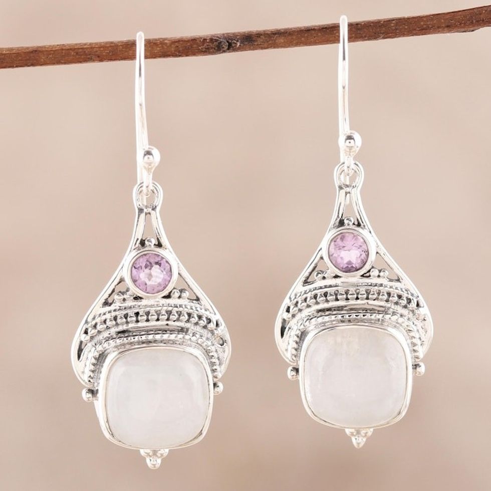 Rainbow Moonstone and Amethyst Dangle Earrings from India 'Undying Elegance'
