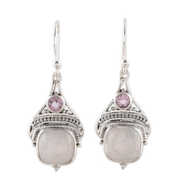 Alternate image for Rainbow Moonstone and Amethyst Dangle Earrings from India Undying Elegance