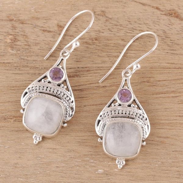 Alternate image for Rainbow Moonstone and Amethyst Dangle Earrings from India Undying Elegance
