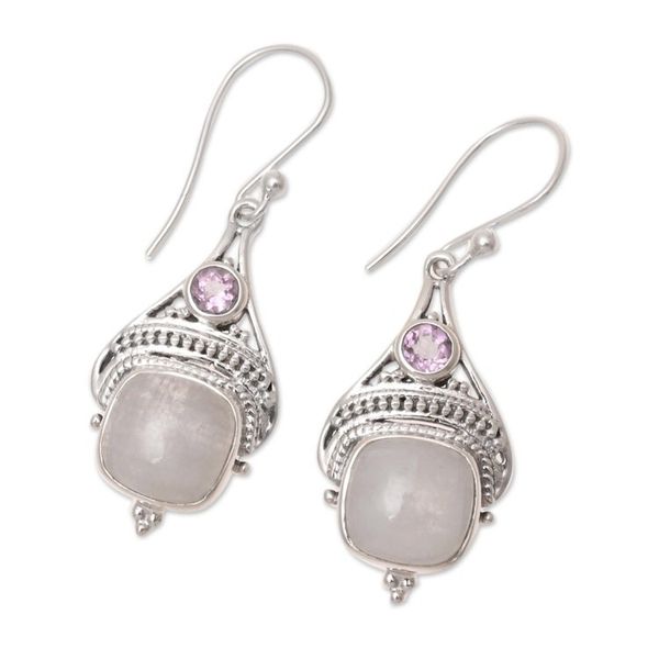 Alternate image for Rainbow Moonstone and Amethyst Dangle Earrings from India Undying Elegance