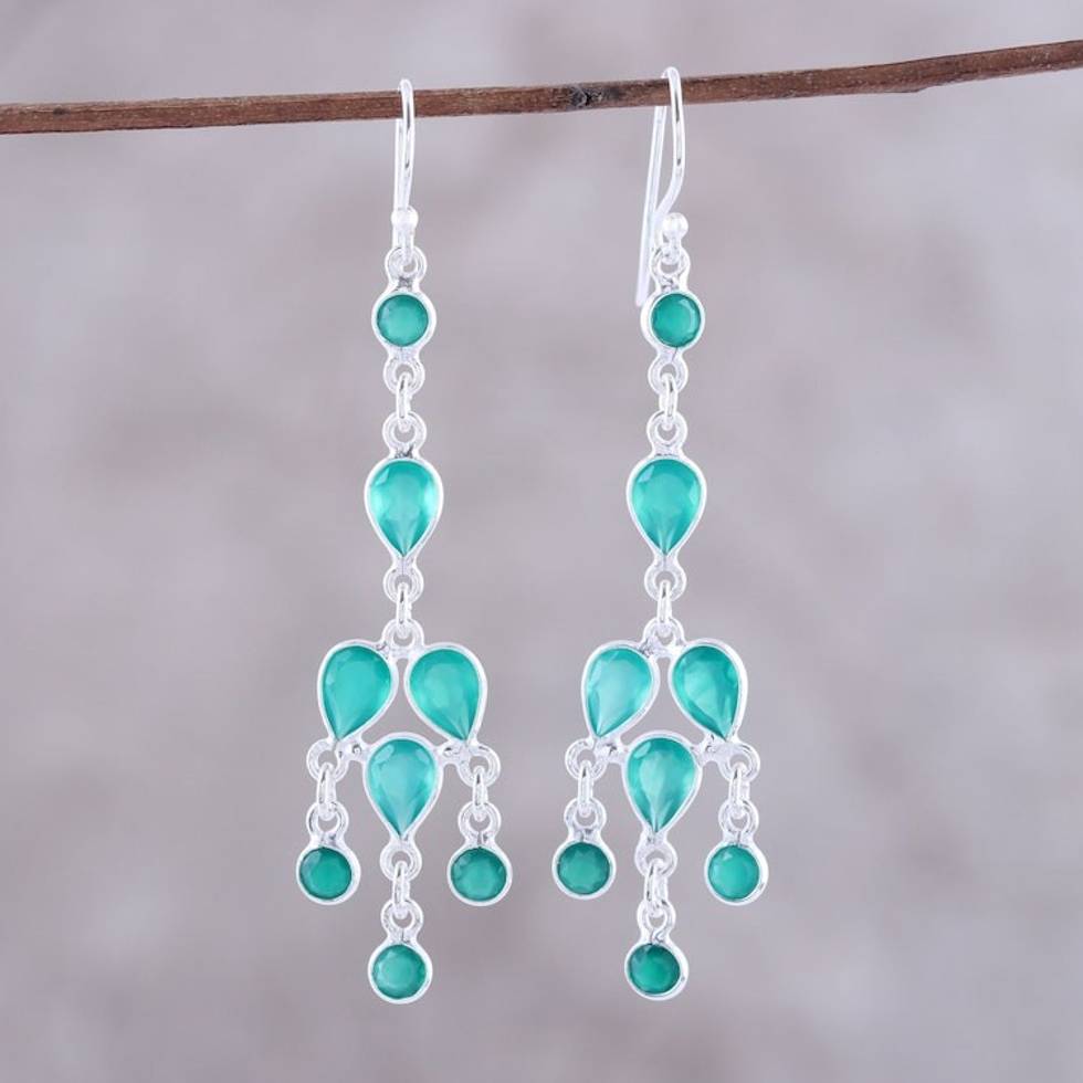Sterling Silver and Green Onyx Chandelier Earrings 'Leafy Adornment'