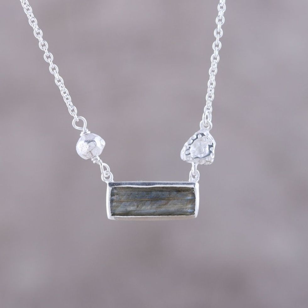 Modern Labradorite and Sterling Silver Pendant Necklace 'Sliver of Dusk'
