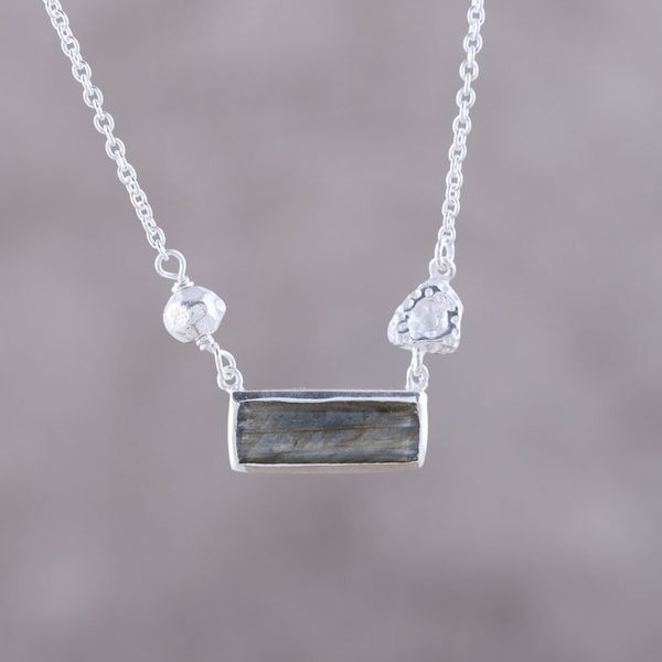 Alternate image for Modern Labradorite and Sterling Silver Pendant Necklace Sliver of Dusk