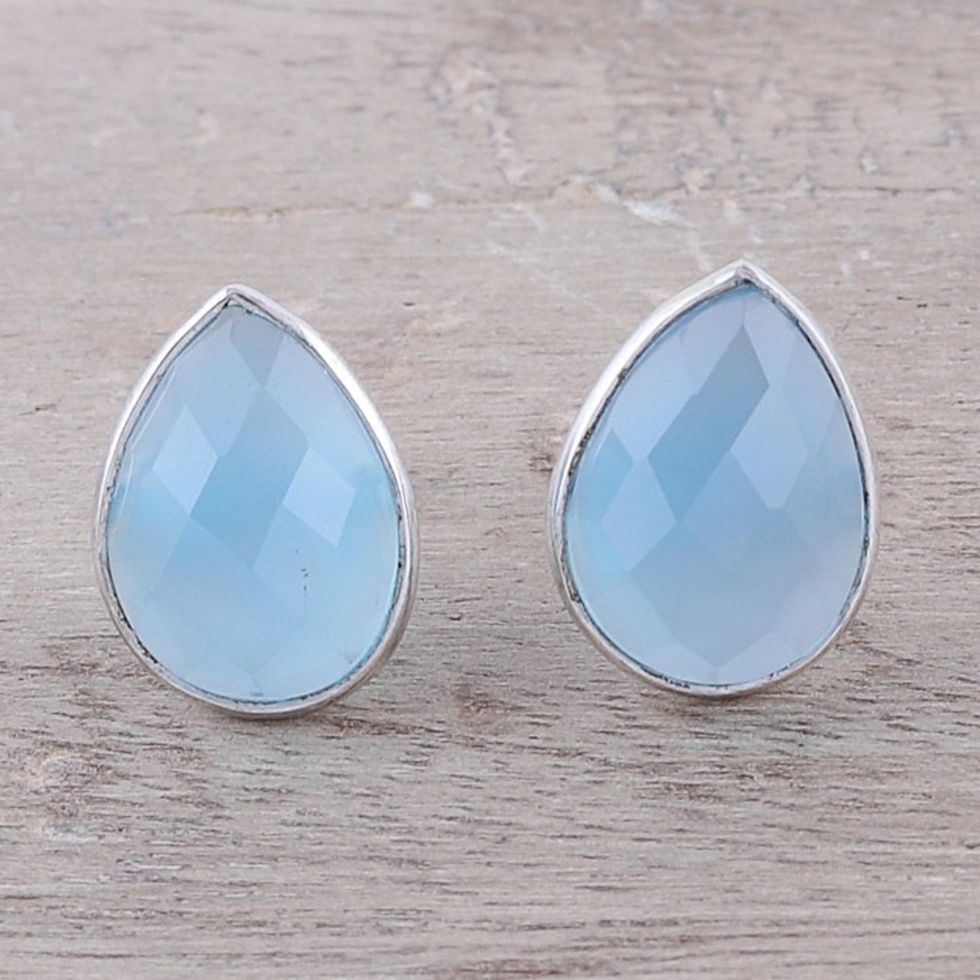 Teardrop Chalcedony Button Earrings from India 'Mystic Tears'