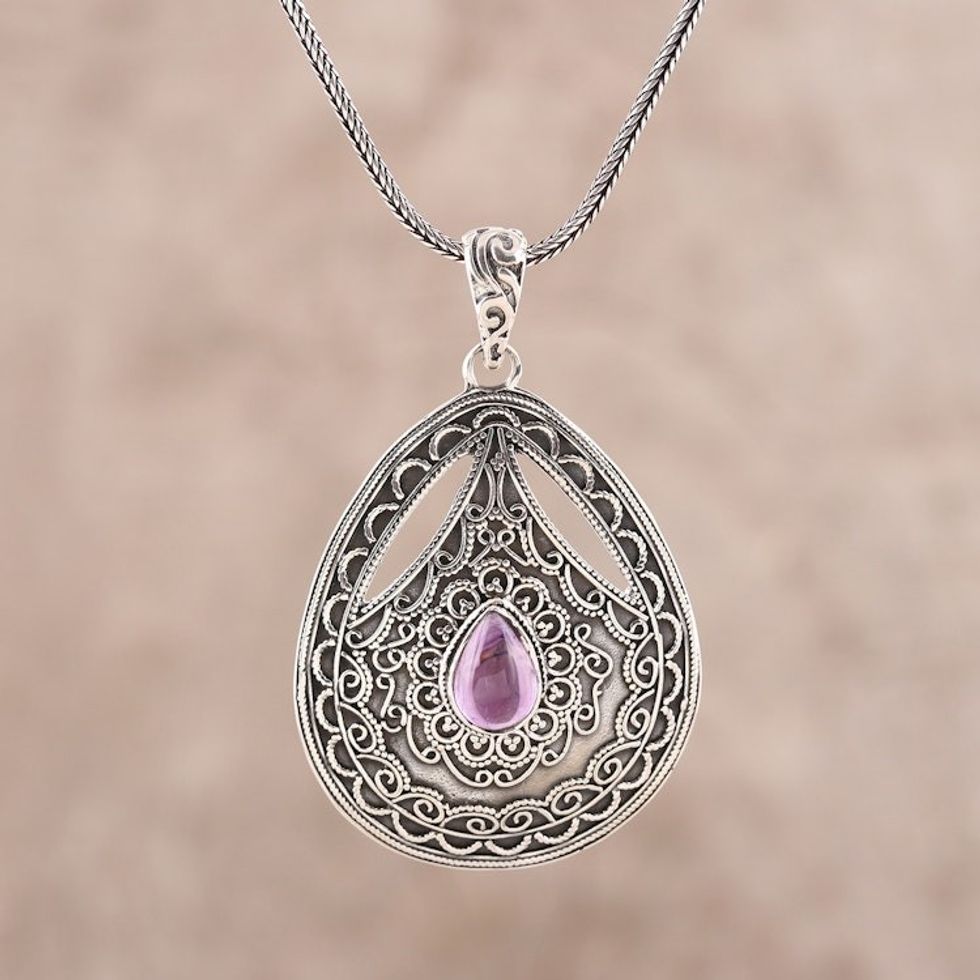 Teardrop Amethyst Pendant Necklace from India 'Lavender Classic'