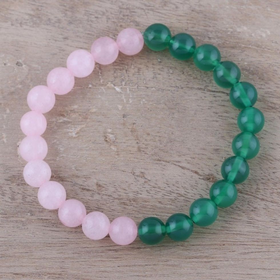 Rose Quartz and Green Onyx Elastic Beaded Bracelet 'First Blush'