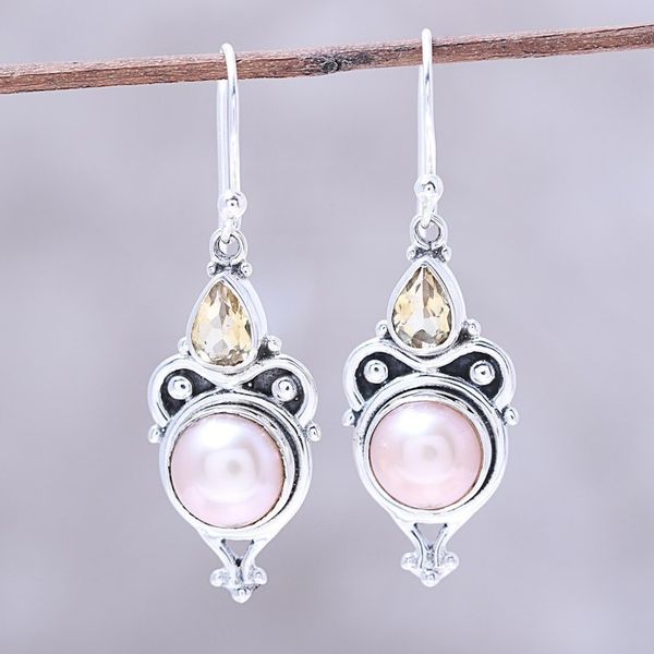Alternate image for Pink Cultured Pearl and Citrine Dangle Earrings from Citrine Pink Moon Sparkle