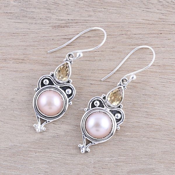 Alternate image for Pink Cultured Pearl and Citrine Dangle Earrings from Citrine Pink Moon Sparkle