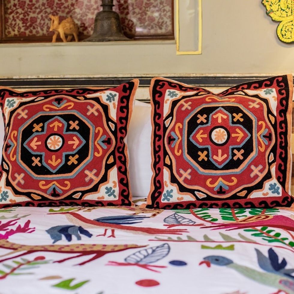 Embroidered Handwoven Cotton Cushion Covers Pair 'Modern Art'