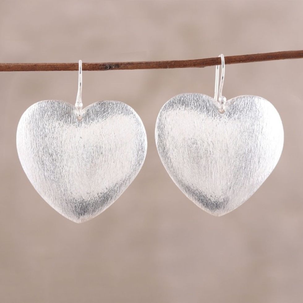 Brushed-Satin Sterling Silver Heart Earrings from India 'Glimmering Heart'