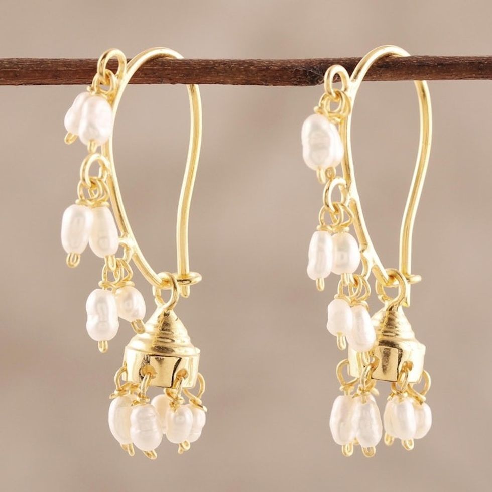 Gold Plated Cultured Pearl Chandelier Earrings from India 'Pearl Melody'