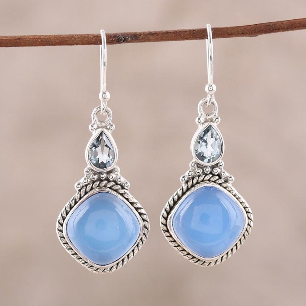 Sterling Silver Blue Topaz and Chalcedony Dangle Earrings 'Blissful Blue'