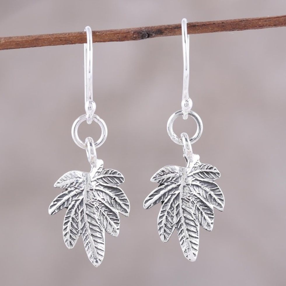 Sterling Silver Textured Leaves Dangle Earrings from India 'Fancy Foliage'