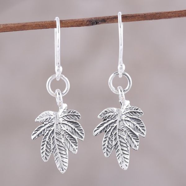 Alternate image for Sterling Silver Textured Leaves Dangle Earrings from India Fancy Foliage