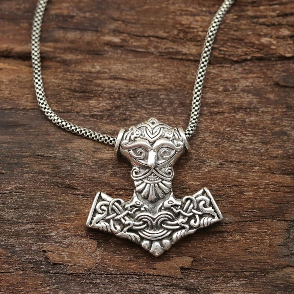 Men's Sterling Silver Thor's Hammer Pendant Necklace 'Bold Thor'