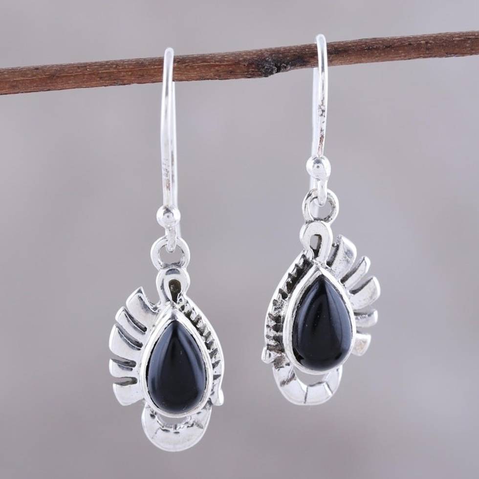 Teardrop Onyx Dangle Earrings Crafted in India 'Feather Bliss'