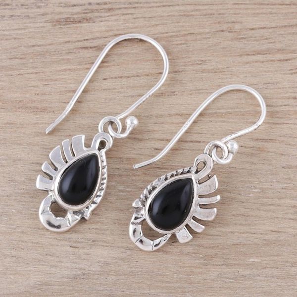 Alternate image for Teardrop Onyx Dangle Earrings Crafted in India Feather Bliss