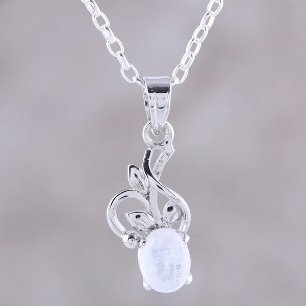 Alternate image for Rhodium Plated Rainbow Moonstone Pendant Necklace Wispy Bloom