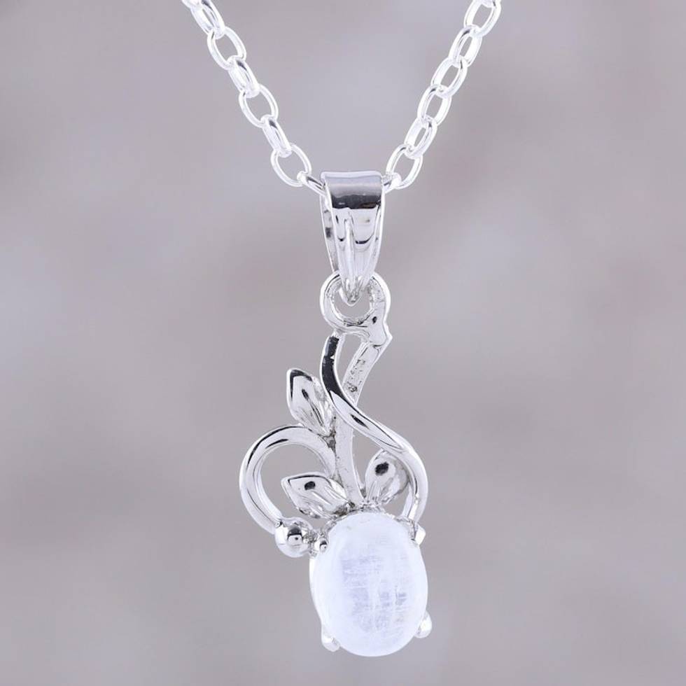 Rhodium Plated Rainbow Moonstone Pendant Necklace 'Wispy Bloom'
