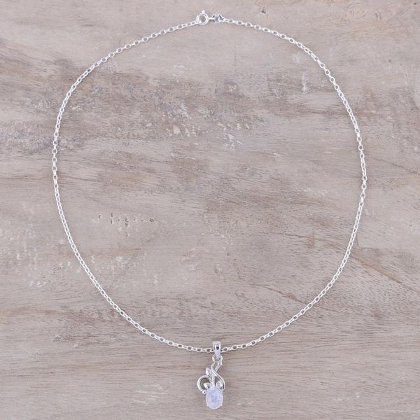 Alternate image for Rhodium Plated Rainbow Moonstone Pendant Necklace Wispy Bloom