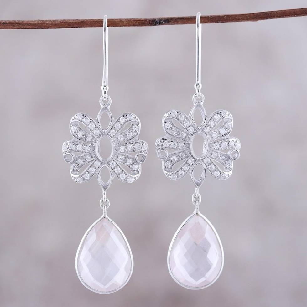Rhodium Plated Rose Quartz Dangle Earrings from India 'Sparkling Ribbons'