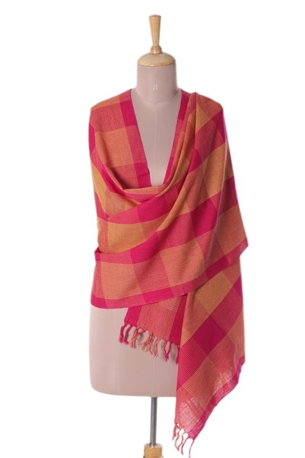 Alternate image for Patterned Cotton Shawl in Fuchsia and Daffodil from India Vibrant Flair