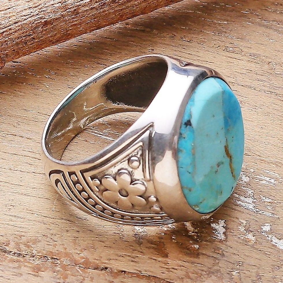 Men's Sterling Silver and Circular Recon. Turquoise Ring 'Circular Vein'