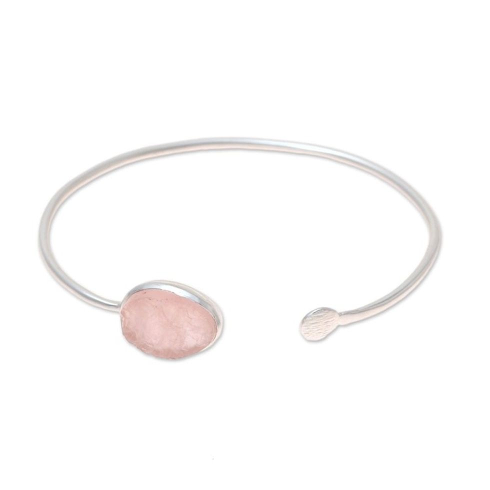Rose Quartz Oval and Sterling Silver Cuff Bracelet 'Pink Peek'