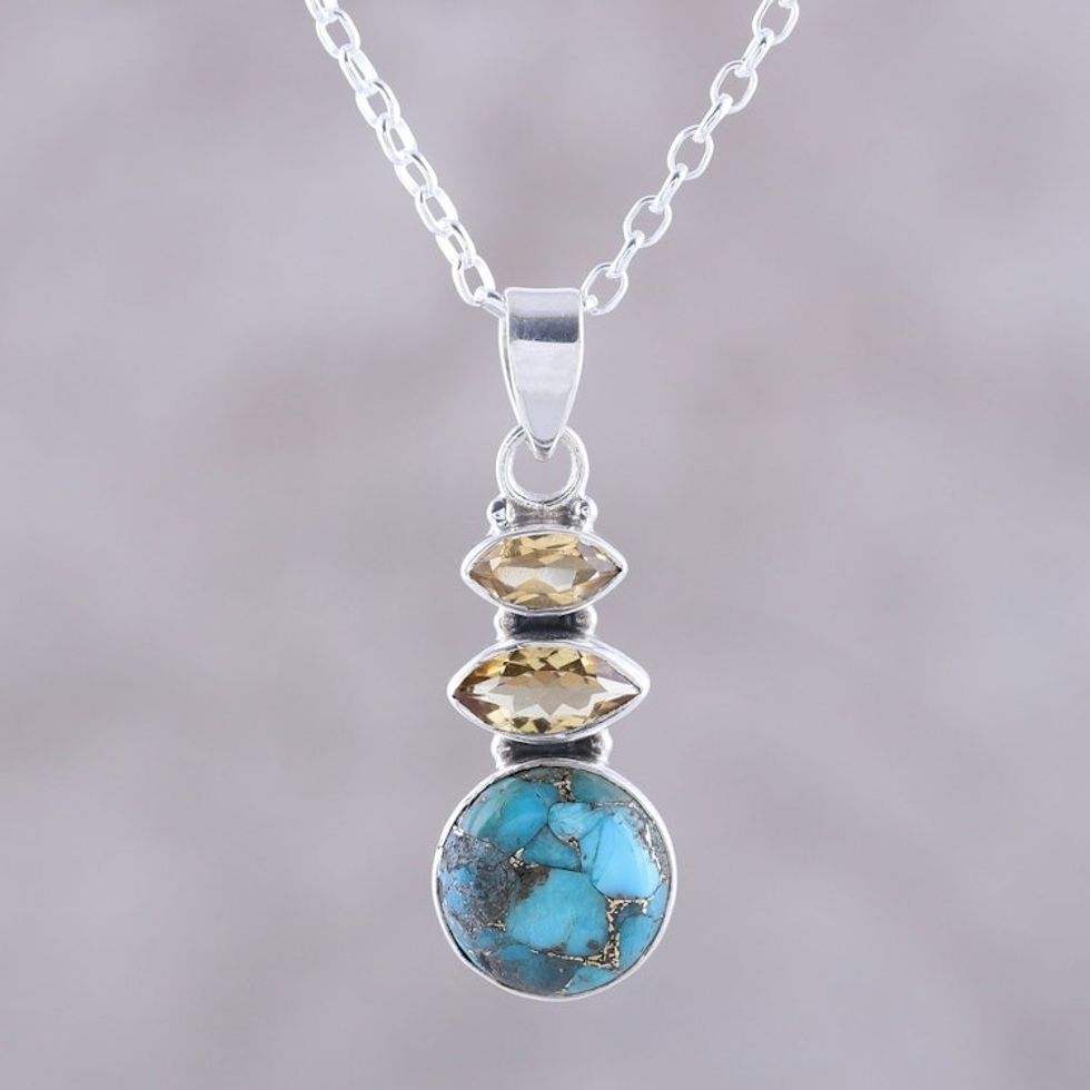 Citrine and Composite Turquoise Pendant Necklace from India 'Peaceful Dazzle'