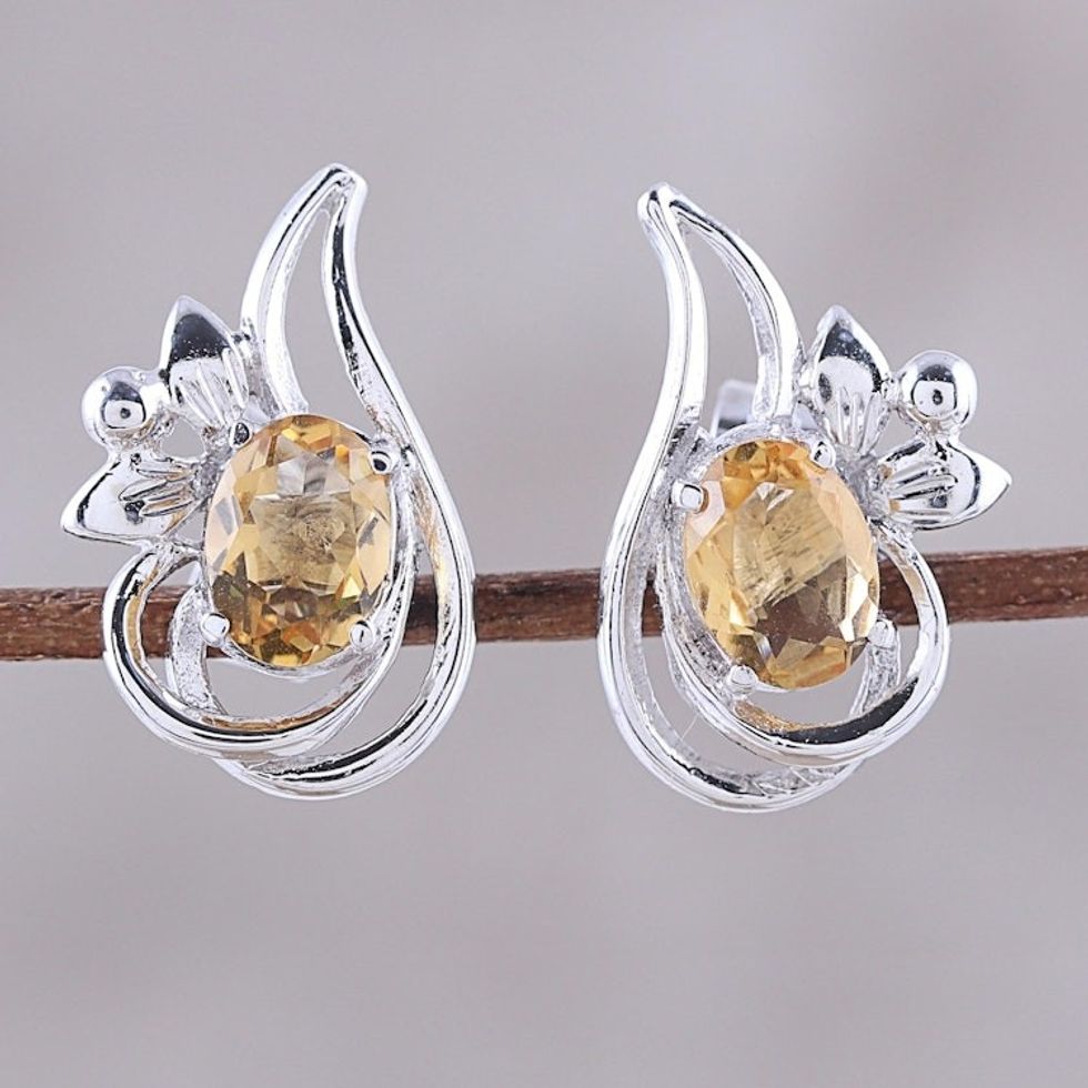 Rhodium Plated Citrine Paisley Button Earrings from India 'Classic Paisley'