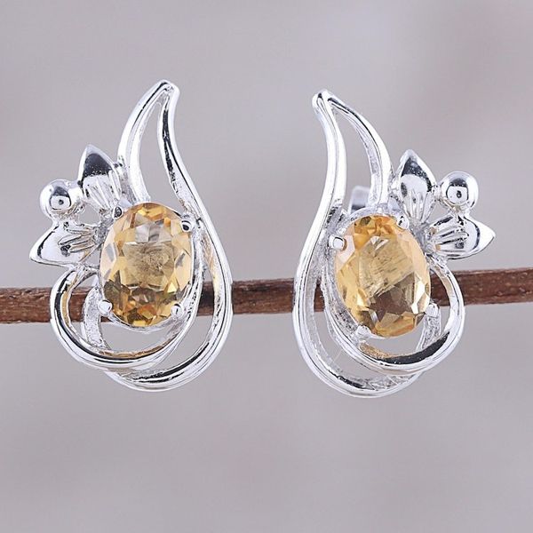 Alternate image for Rhodium Plated Citrine Paisley Button Earrings from India Classic Paisley