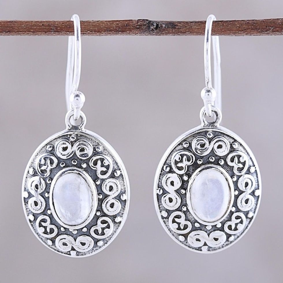 Swirl Motif Rainbow Moonstone Dangle Earrings from India 'Swirling Ellipse'