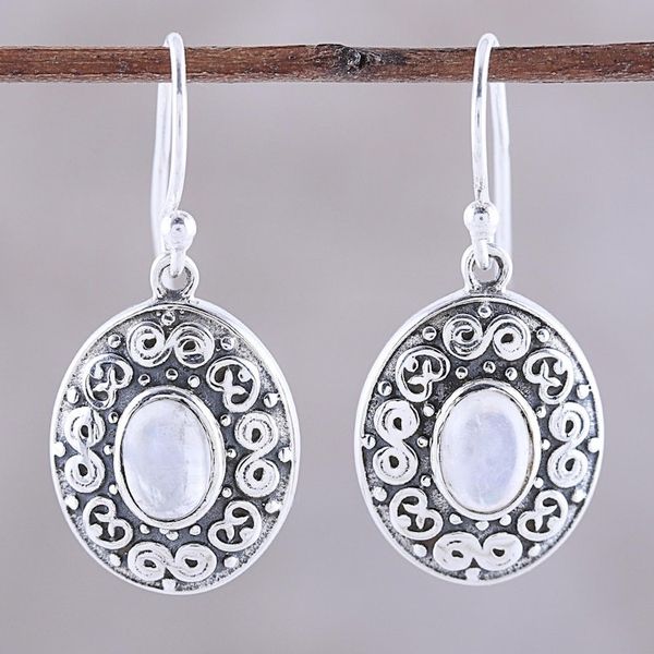Alternate image for Swirl Motif Rainbow Moonstone Dangle Earrings from India Swirling Ellipse