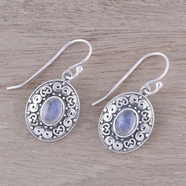 Alternate image for Swirl Motif Rainbow Moonstone Dangle Earrings from India Swirling Ellipse