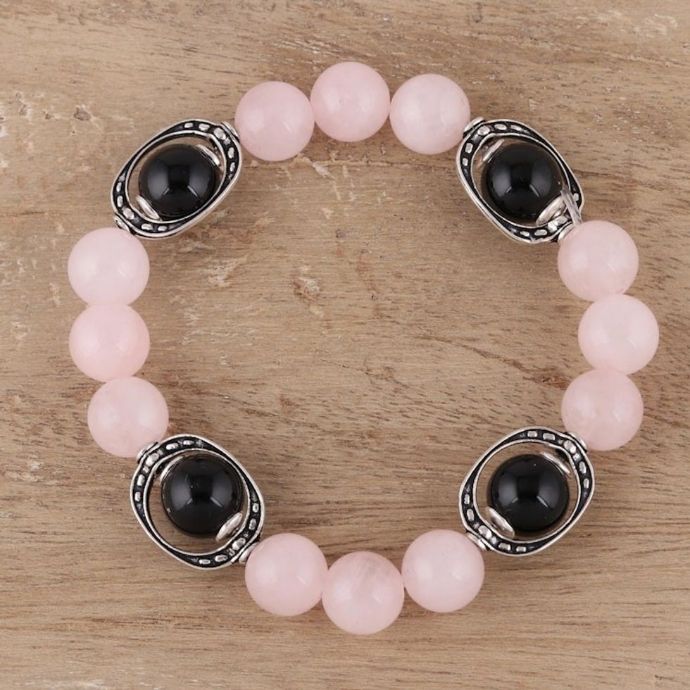 Rose Quartz and Onyx Beaded Stretch Bracelet 'Gemstone Glee'