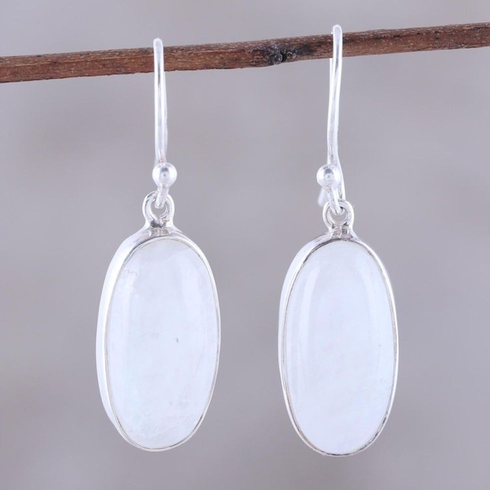 Oval Rainbow Moonstone Dangle Earrings from India 'Dashing Beauty'